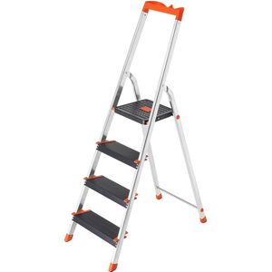 Rootz Ladder - 4 Treden - Aluminium - Trapladder - Gereedschapsbak - Antislip - Zwart - Oranje - 44 x 11,5 x 156 cm