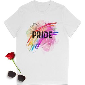 Pride t shirt - Gay pride tshirt - LGBT t-shirt - Dames tshirt met regenboog print - Heren tshirt met pride opdruk - Dames en heren T-shirt - Unisex maten: S M L XL XXL XXXL - Shirt kleuren: Wit, Roze en Sky Blue (licht blauw).