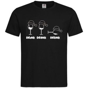 T-shirt Unisex Volwassenen Fout Foute Kerst Kerstmis Wijn Grappig Tekst ""Drink Drank Drunk (Kersteditie)"" | korte mouw | Zwart/Wit | maat S