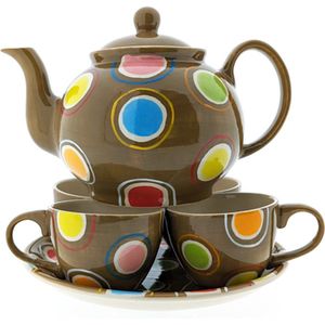 Theeset 6 delig bruin dottie - handgeschilderd - theepot 1000 ml - onderbord en 4 kopjes