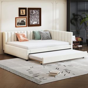 Komhtom Kinderbed Gekleurd bed Dubbel bed 140x200 cm uitschuifbaar sofa bed met lattenbodem nestbed fluweel stof beige