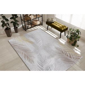 the carpet Vloerkleed Mila modern tapijt woonkamer, elegant glanzend kortpolig woonkamer tapijt in grijs met goud zilver veren patroon, tapijt 80 x 300 cm