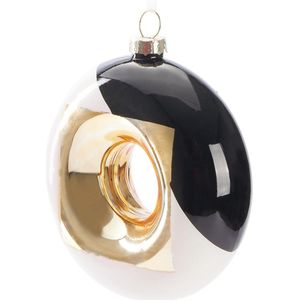 BRUBAKER Premium Kerstbal Donut - 3,9 Inch (10 Cm) Glazen Bal - Handgeschilderde Kerstboom Decoratie - Luxe Kerstversiering Bal - Goud, Zwart En Wit Vierkant Patroon