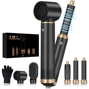 UKLISS-5-in-1 Airstyler – Föhnborstel – Krultang – Krulborstel – Stijltang – Multistyler met Hairwrap – Inclusief 5 Opzetstukken & Zwarte Opbergdoos – 360° Roterende Kabel