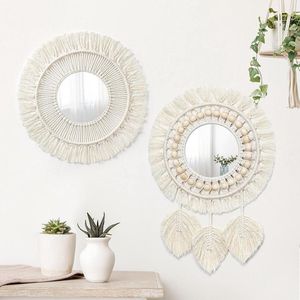 2 stuks macramé wandkleed, decoratieve spiegel met weven franjes, ivoorwit, boho, ronde wandspiegel voor slaapkamer, woonkamer, kinderkamer, woonkamer