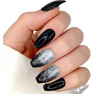SD Press on Nails - B-238 - Zwart Glitter - Plaknagels met nagellijm - Medium Coffin Ballerina Kunstnagels - Set 20 Kunstnagels Nepnagels - Handgemaakt