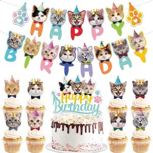 10-delige poezen party set Happy Birthday Cats - kat - poes - verjaardag - slinger - cupcake - taart - topper
