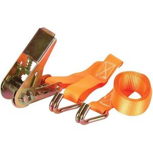 Toolland Spanband, tweedelig, met ratel en J-haken, voor het vastzetten van lichte ladingen, max. 500 kg, polyester, oranje, 1.5 m x 25 mm, 1 stuk
