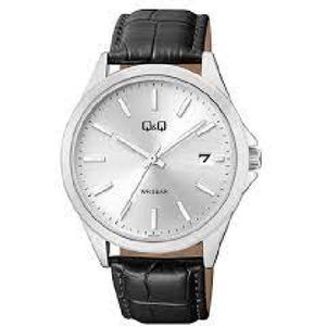 Q&Q model a484j301y- Herenhorloge-groot en duidelijk model -diameter 43 mm-datum-5 bar waterdicht zilverkleurig-zwart leder