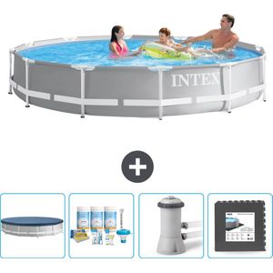 Intex Rond Prism Frame Zwembad - 366 x 76 cm - Grijs - Inclusief Afdekzeil - Onderhoudspakket - Zwembadfilterpomp - Vloertegels