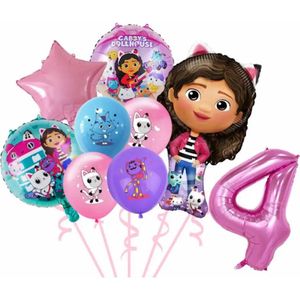 Gabby's Poppenhuis - 4 Jaar - Ballonnenset- 9 Stuks - Gabby's Dolhouse - Feestversiering - Kinderfeestje - Verjaardagsfeestje - Helium ballon - Roze / Paarse / Blauwe Ballon - Happy Birthday
