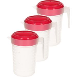 3x stuks waterkan/sapkan transparant/fuchsia roze met deksel 1 liter kunststof - Smalle schenkkan die in de koelkastdeur past