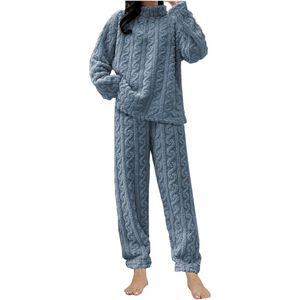 Dames Coral Fleece Pyjamaset - Fluffy, Zachte en Comfortabele Pyjamaset - Dames Pluche Pyjamaset - Warme en Comfortabele Dikke Pluche Coral Fleece Set voor de Winter - Dames Loungewear Pyjama's - blauw - One Size