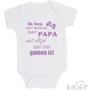 100% katoenen Romper ""Ik ben het bewijs dat PAPA niet altijd aan het gamen is!"" Meisjes Katoen Wit/lila Maat 56/62
