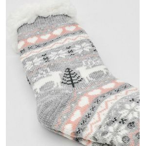 Merino Wollen sokken - Licht Grijs met Hartjes - maat 39/42 - Huissokken - Antislip sokken - Warme sokken – Winter sokken