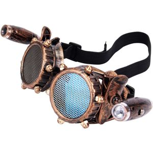 KIMU Goggles Steampunk Bril Met Gaas, Studs En Led Lampjes - Koper Montuur - Blauwe Glazen - Spacebril Space Hoge Hoed Festival