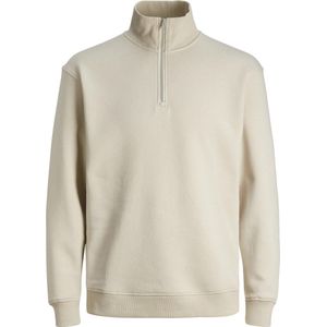 JACK & JONES Bradley sweat half zip regular fit - heren schipperstrui katoenmengsel met opstaande boord - beige - Maat: XL