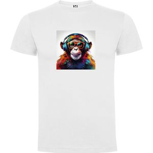 Wit T-Shirt met “ Kleurrijke Chimpansee met Bril en Koptelefoon“ Print Full Color maat 128 7/8 jaar