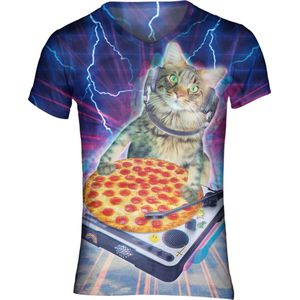 Pizza DJ Kat t-shirt Maat M V - hals - Festival shirt - Superfout - Fout T-shirt - Feestkleding - Festival outfit - Foute kleding - Kattenshirt - Kleding fout feest - Foute party kleding