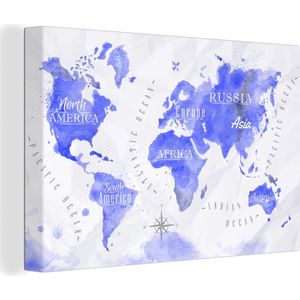 Canvas Wereldkaart - 90x60 - Wanddecoratie Wereldkaart - Waterverf - Blauw
