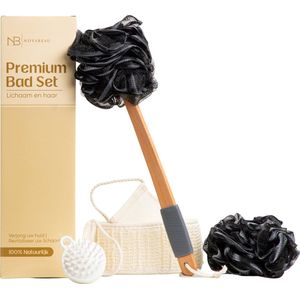 Novabeau Luxe Exfoliërende Badset met Loofah Net - Lichaamsbortel met Badspons - Shampoo Brush - Scrubhandschoen - Houten Lichaamborstel met Loofah Bal van Houtskool - Rug Scrubber - Huidborstel - Doucheborstel - Badborstel - Rugborstel - Kerstcadeau