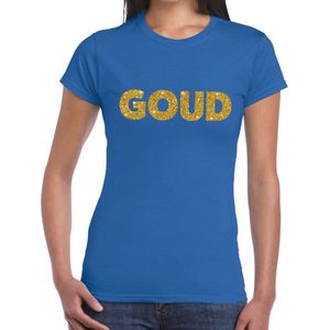 Bellatio Decorations feest t-shirt voor dames goud - glitter tekst - foute party/carnaval - blauw XXL