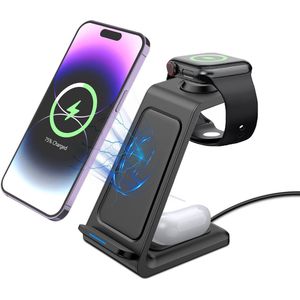 Cuhostki - 1 artikel - 3 in 1 draadloze oplader - Draadloze 3 in 1 oplader met - Laadstation - 3 in 1 draadloos laadstation - Zwart - ABS - Geschikt voor mobiele telefoons, koptelefoons, horloges - LED-indicator - Verticaal en horizontaal opladen