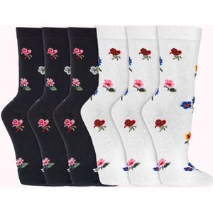 Damessokken | grappige sokken | vrolijke sokken | happy socks printjes | per 6 paar | Thema: bloemen