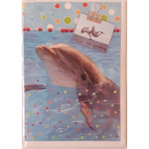 Een prachtige blanco kaart van een mooie dolfijn in het water met kleurrijke stippen. Een leuke wenskaart om bij een cadeau te voegen of om zo te geven. Een dubbele wenskaart inclusief envelop en in folie verpakt.