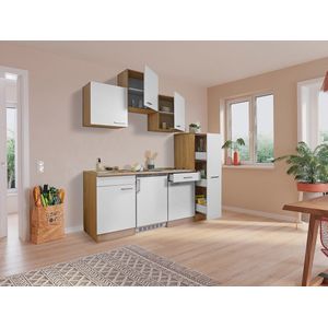 Goedkope keuken 180  cm - complete kleine keuken met apparatuur Luis - Eiken/Wit - keramische kookplaat  - koelkast  - mini keuken - compacte keuken - keukenblok met apparatuur
