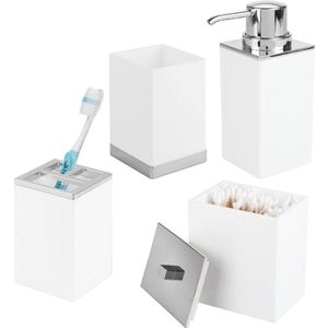 Badkameraccessoires set - tandenborstelhouder zeepdispenser opbergdoos en badkamerbeker - opslag van sterk plastic - wit chroom