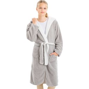 HOMELEVEL Badjas voor kinderen met capuchon - Dubbelzijdige ochtendjas in grijs en wit - Unisex badjas met zakken - Maat 158/164