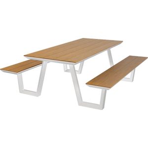 AXI Nori Picknicktafel met 2 banken Wit met Teak-look Polywood – Gepoedercoat aluminium frame – Tafel en banken met Polywood tafelblad en zitvlak - 200x190cm