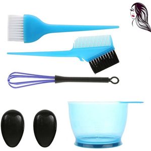 Haarverfkwasten - Haarverf Set 6 Delig - Met oorafdekking - Haarverf Bakje - Verfkwast - Verfkwasten - Uitgroei Verven - Haarverf Borstel - dubbelzijdige borstel - Haar Verven - Haarverfbenodigdheden - Voor Home Salon Haarkleuring Bleken - Blauw