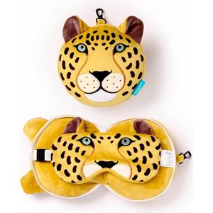 Relaxeazzz Luipaard knuffel/reiskussen/slaapmasker - 2-in-1 set - voor kinderen- in vliegtuig of auto