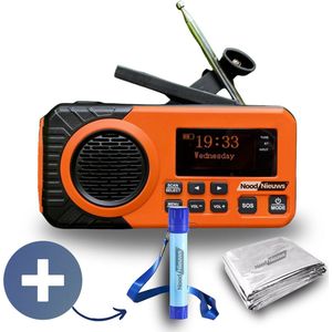 NoodNieuws Noodpakket – DAB+ Noodradio met 5200mAh Powerbank – Zonnepaneel & Dynamo – Inclusief Waterfilter (1500L) – 4 Warmtedekens – Zaklamp – SOS Alarm & Bluetooth – Alles-in-één Survival Kit