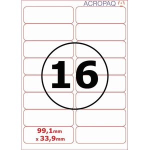 Stickervellen A4 - Etiketten, 100 vellen, 16 per vel, 91 x 34 mm - Adresetiketten, Etiketten stickers - ACROPAQ