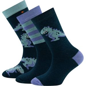 Ewers Kindersokken - 3-PACK - Petrolblauw met Dinosaurus & Petrolblauw/Lila Gestreept & Dinosaurussen met Sterren-23/26