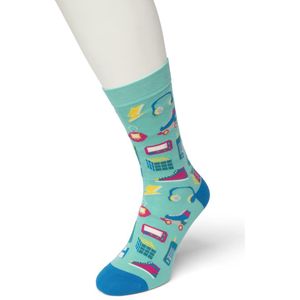 Bonnie Doon Dames Sokken met Retro Print maat 36/42 Blauw - Thema Sokken - Jaren 70 en 80 - Gameboy, Rubiks Cube, Rollerskates - Cadeau Sokken - Word je Happy en vrolijk van - Zacht Katoen Gladde Teennaad - Perfect Cadeau - Aruba Blue - BT991118.125
