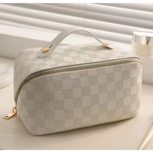 Toilettas, Make Up Tasje, Make Up Koffer, Beautycase, Make Up Organizer, Make Up Tas, Reis Toilettas, Reistas, Toilettas Dames, Make Up Organizer, Make Up Etui, Beautycase Koffer, Cosmetica Tas, Moederdag, Valentijnsdag, VIERKANT PATROON, CREME