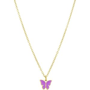Lucardi Kinder Stalen goldplated ketting met vlinder violet - Ketting - Staal - Goudkleurig - 40 cm