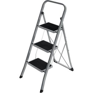 Buylin Huishoudtrap - Trapladder met 3 treden - Antislip - Robuust - Staal - tot 150kg - Opvouwbaar - Vergrendeling - Grijs