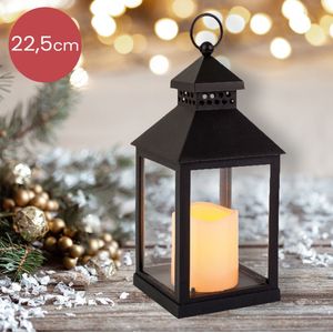 Zwarte kunstof lantaarn met LED kaars op batterij - 11 x 22,5 cm