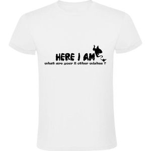 Here i am, what are your other 2 wishes Heren t-shirt | wensen | wens | versiertruc | Wit