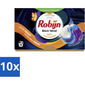 10 x Robijn - 3-in-1 Black Velvet - Wascapsules - 15 Wasbeurten - Zwart Wasmiddel - Donkere Was - 3-in-1 Wasmiddel - Wasverzachter - Geur Wasmiddel