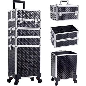 SimpleStore Make up Trolley 4 in 1 - Zwart/Zilver - Make up koffer - Kapperstrolley - Cosmetica koffer - Trolley
