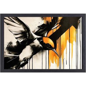 Dynamische vogel in zwart en oranje - Vogel canvas kunst - Wandkunst dier - Street Art - Ingelijste canvas kunst - Muurdecoratie modern - canvas met baklijst 100x75 cm