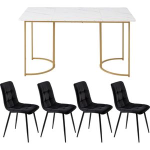 Merax 5 Delig Eetset - Eettafel met 4 Eetkamerstoelen - Moderne Keukentafel Set - 140×80 cm Tafel met Gouden Metalen Poten - Wit MDF Tafelblad - Zwarte Fluwelen Stoelen