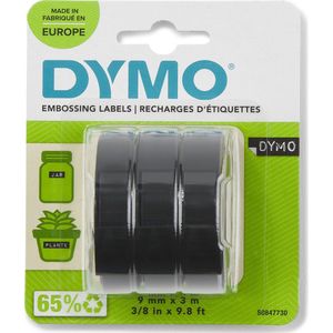 DYMO originele labeltape met reliëf | rollen van 9 mm x 3 m | Wit op zwart | Zelfklevend | Voor labelmakers voor reliëfdruk | 3 stuks