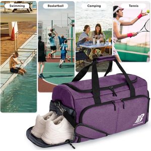 42L Sporttas Reistas Dames en Heren Sporttassen met Schoenenvak & Nat Vak Waterdichte Fitnesstas Trainingstas Weekendtas Duffel Bag voor Fitness, Gym, Yoga, Reis (Paars)-U